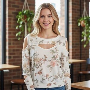 Chaser Knit Long-sleeved Pullover Floral Sweater Cream Size Medium